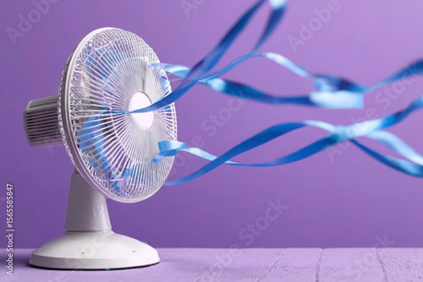 Fototapeta Tabletop Electric Fan with Flowing Ribbons Against a Violet Background
