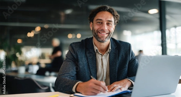 Fototapeta Portrait of a Smiling Businessman with Laptop – Researching, Planning, and Scheduling Articles Online. Happy Journalist or Editor Working on Computer for Networking and Proofreading Tasks in the Workp