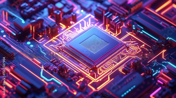 Obraz Neon Pink Orange Processor Chip Circuit Board Technology