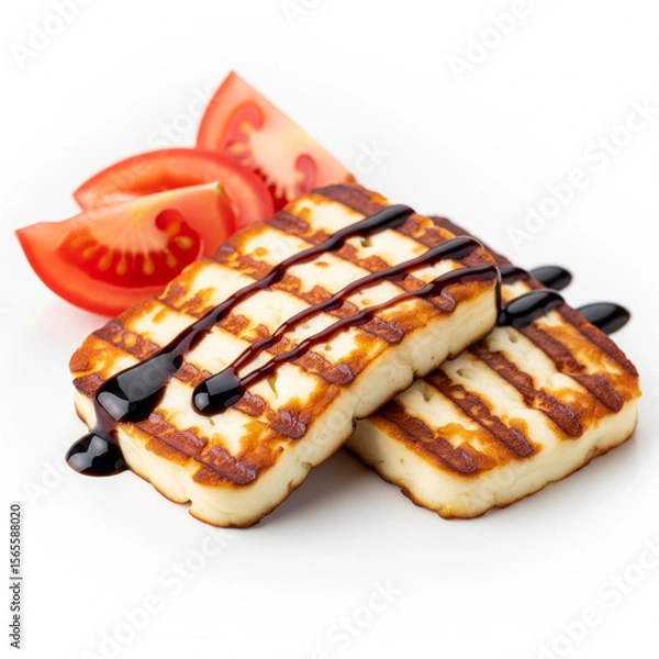 Fototapeta Halloumi cheese served with sliced tomatoes and a balsamic glaze. 