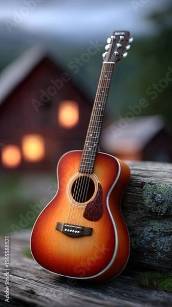 Fototapeta Acoustic Guitar Leaning Against Wooden Fence in Natural Light with Blurred Background