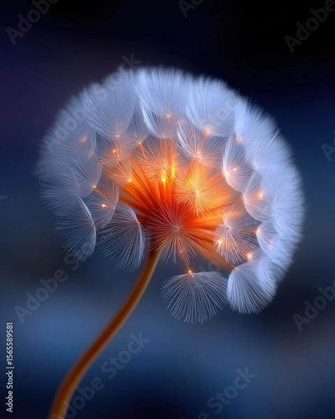 Fototapeta Close Up Of Glowing Dandelion Seed Head With Orange Center And Light Particles On Dark Blue Background