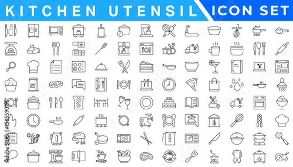 Obraz Kitchen Utensil icon set. Editable Stroke Icon Collection. Includes chopping board, cooking pots, frying pan, grater, kitchen scale, and More. Outline icons vector collection.