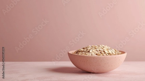 Fototapeta A rustic table setting showcasing a hearty bowl of oats. Pink background, during festive season