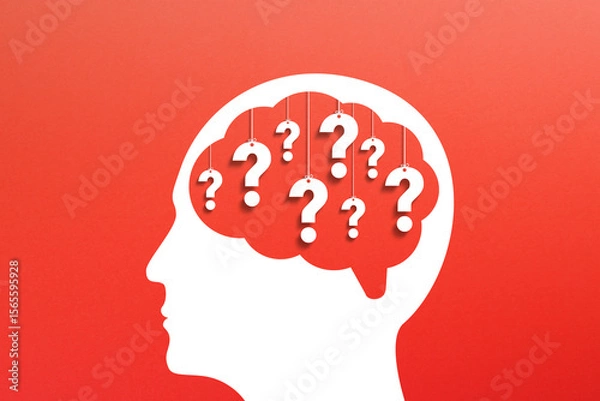 Fototapeta Thinking Brain with Question Marks design on red background