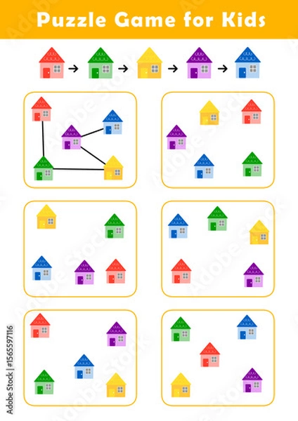 Fototapeta Connect houses according to the example provided. Pre-Writing Worksheet for Toddlers. Puzzle Game for Children. Preschool Worksheet Activity for Kids. Educational Game.