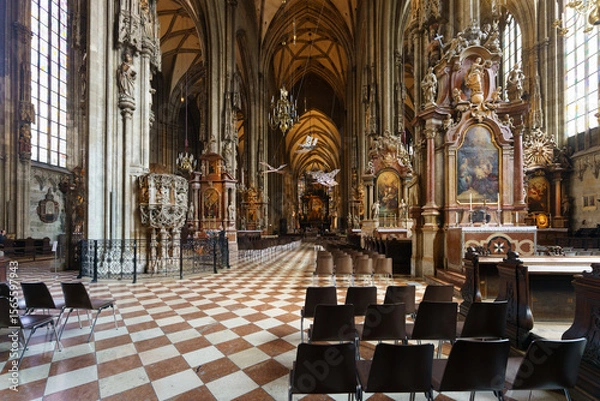 Fototapeta Interior of St. Stephen’s Cathedral in Vienna with Gothic architecture and altars