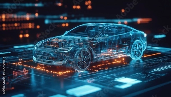 Fototapeta Digital Wireframe Electric Car Model Design