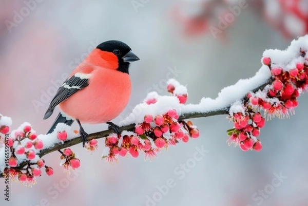 Fototapeta Male Eurasian Bullfinch Resting on a Branch Surrounded by Pink Blossoms in a Serene Snowy Landscape
