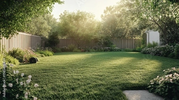 Fototapeta A scenic backyard view with a well-maintained lawn after mowing