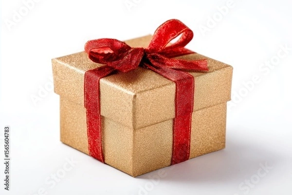 Obraz one golden gift box with red bow on white background, present, surprise