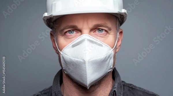 Obraz portrait of man builder or engineer with white protective mask and white helmet on light gray background