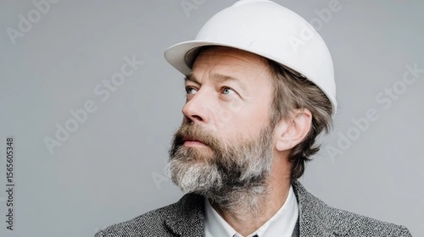 Obraz portrait of middle aged man architect with white helmet on light gray background