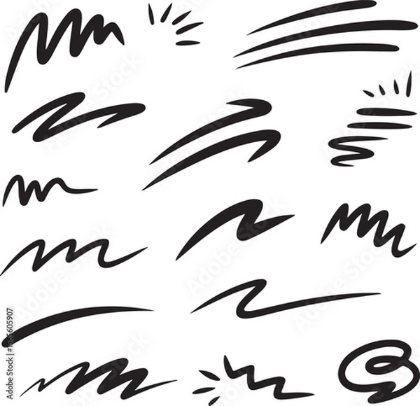 Fototapeta Comic line sparkle and movement elements set. black ink motion accents, burst effects, and dynamic hand drawn stroke symbols perfect for manga, cartoon, or pop art vector illustration projects.