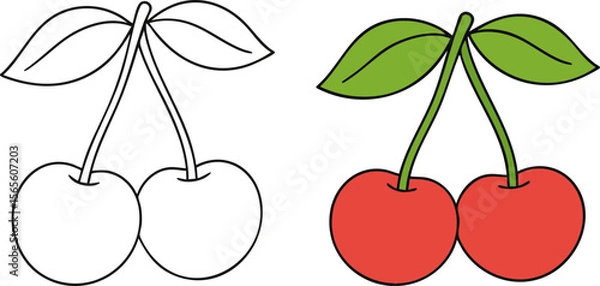 Obraz Flat Vector Cherries Illustration: Coloring Page and Colored Version