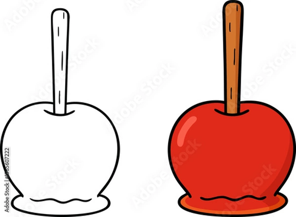 Obraz Flat Vector Candy Apple Illustration: Coloring Page and Colored Version