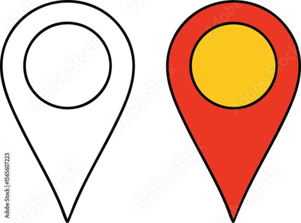 Obraz Flat Vector Location Pin Icon: Coloring Book Outline and Colored Version
