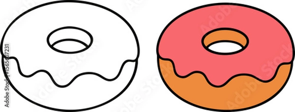 Fototapeta Flat Vector Donut Illustration: Coloring Book Outline & Colored Version