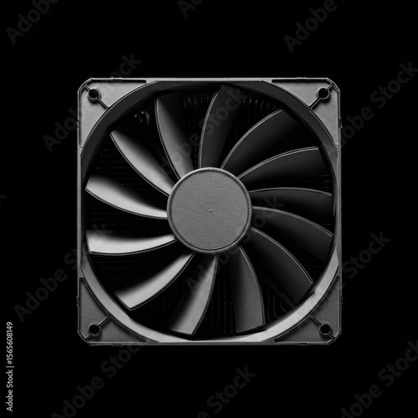 Fototapeta Close up of a modern dark grey computer cooling fan with curved blades against a solid black background