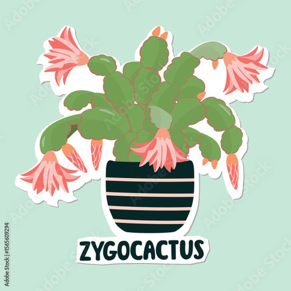Fototapeta Blooming zygocactus in a pot. Cartoon houseplant with flowers and buds. Green, pink, blue and brown colors. Botanical object with paper cut shapes. Vector design for sticker, print on fabric, card.