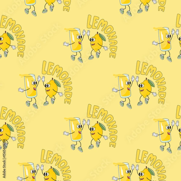 Fototapeta Lemonade seamless pattern with groovy characters. Funny fruit lemon and glass of drink happily met. Yellow, green, blue colors. Cartoon print on fabric and paper. Vector design for textile, wallpaper.