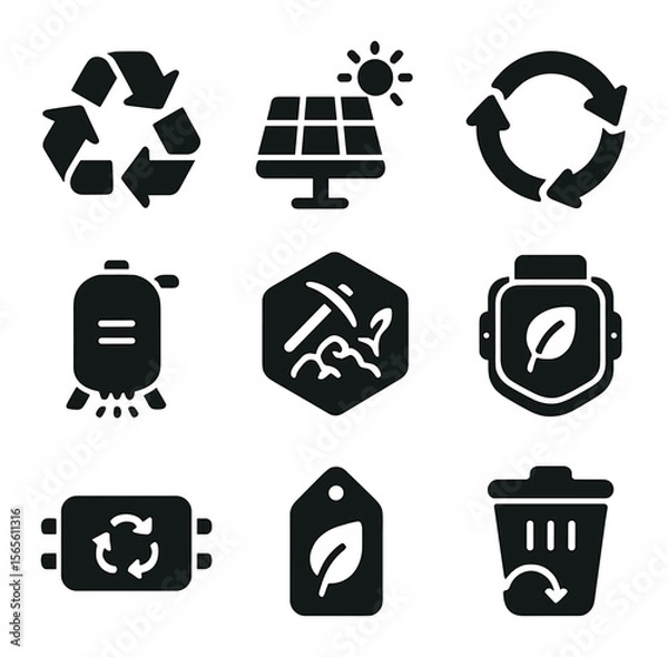 Fototapeta Sustainable Space Icons. Solid, filled icons set of sustainable space resource use: recycling system, green