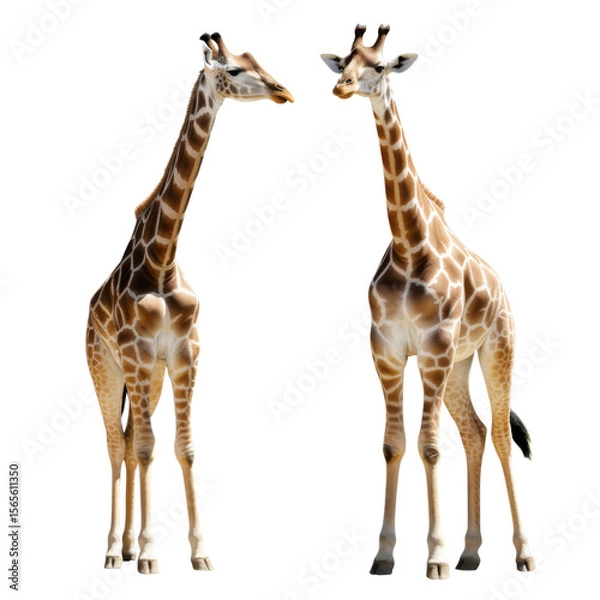 Fototapeta Two giraffes standing and facing each other isolated on transparent background, African wildlife animals cutout
