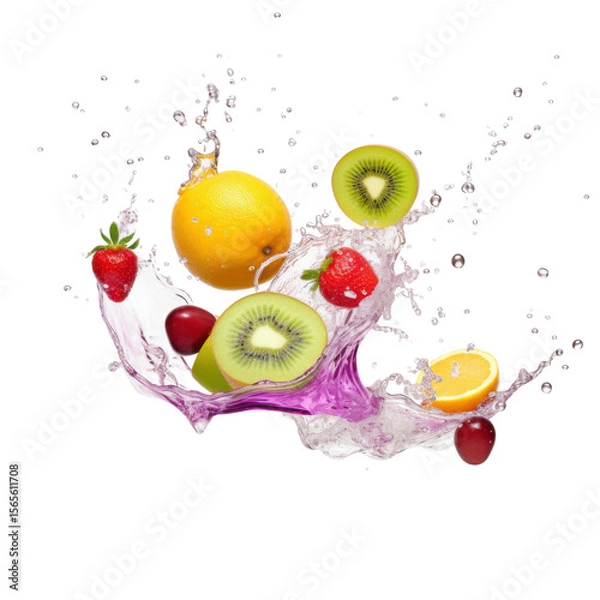 Fototapeta Fresh fruits splashing in juice and water isolated on transparent background, colorful dynamic fruit mix cutout
