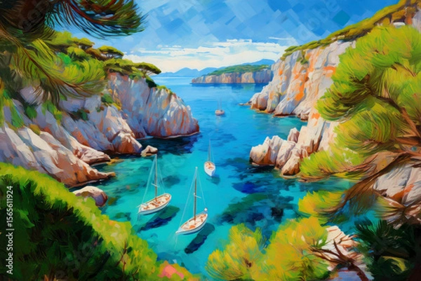 Fototapeta Colourful painting style image of bay in Calanques Park in south of France featuring boats in sun lit turquoise waters bordered by limestone cliffs
