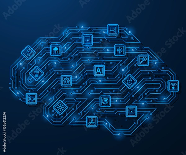 Fototapeta The brain consists of electronic tracks of a printed circuit board and microcircuits. The concept of artificial intelligence, digital neural network and information processing.