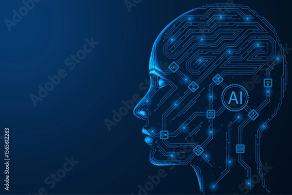 Fototapeta The digital profile of artificial intelligence. A central processor connecting chips and circuit tracks simulating electronic connections. Synthesis of thinking and synthetic intelligence.