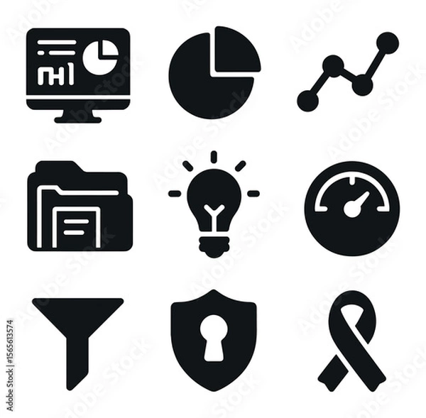 Fototapeta Business Analytics Icons. Solid, filled icons set of business analytics visibility: dashboard screen, pie