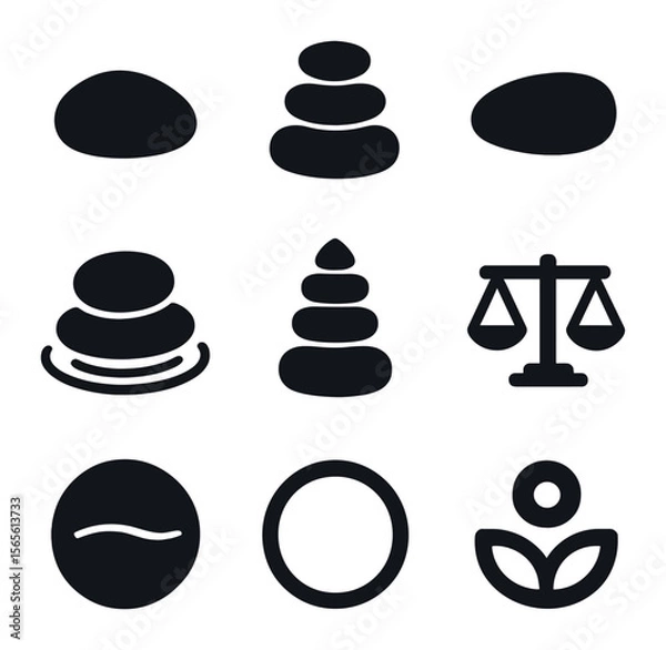 Fototapeta Minimalist Zen Icon Set. Solid, filled icons set of zen and minimal rock symbols: single stone, triple stack,