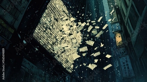 Obraz Urban scene with fragmented papers swirling in the air.