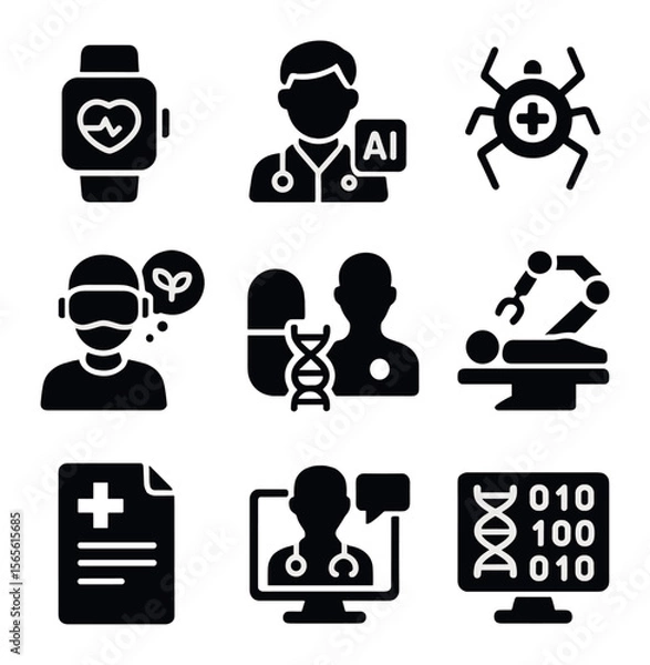 Fototapeta Futuristic Healthcare Icons. Solid, filled icons set of futuristic healthcare: wearable health monitor, AI