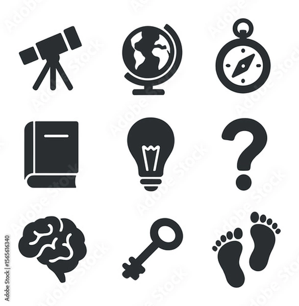 Fototapeta Discovery Icon Set. Solid, filled icons set of discovery and learning: telescope, globe, compass, book, light