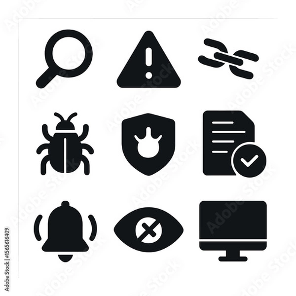 Fototapeta Misinformation Detection Icons. Solid, filled icons set of digital misinformation detection: magnifying glass,