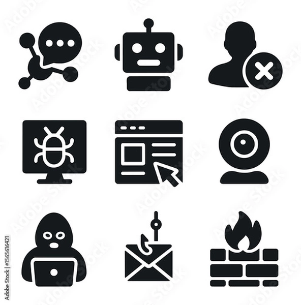Fototapeta Misinformation Icons Grid. Solid, filled icons set of online misinformation sources: social media, bot, fake