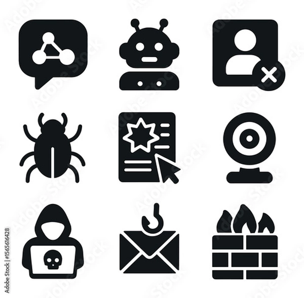 Fototapeta Misinformation Icons Grid. Solid, filled icons set of online misinformation sources: social media, bot, fake