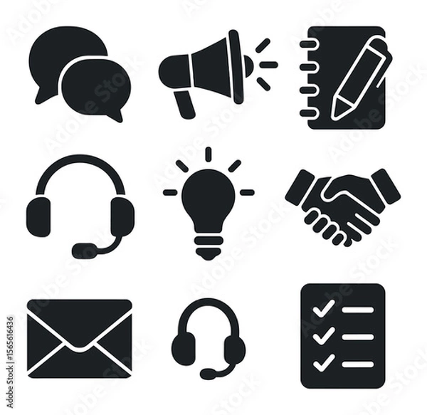 Fototapeta Communication Icons Grid. Solid, filled icons set of effective communication: speech bubbles, megaphone, pen,