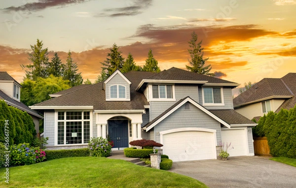 Fototapeta Street view of home with early summer time sunset with blooming flowers, green grass lawn yard and shrubs