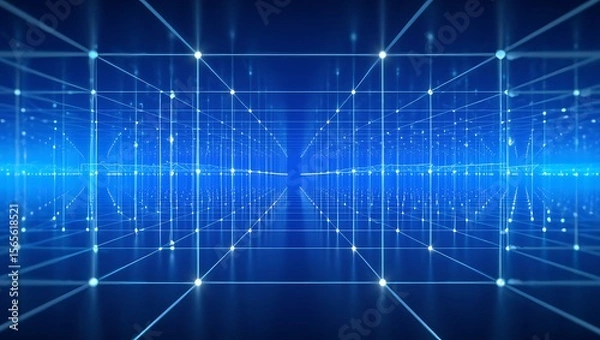 Obraz Abstract Blue Digital Network Grid Lines and Dots image