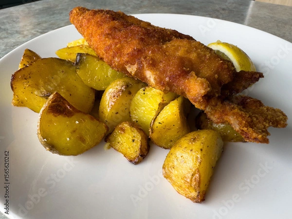 Fototapeta Golden fried fish with roasted potatoes and lemon on a white plate
