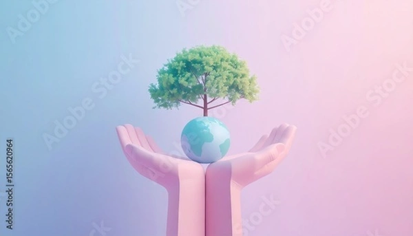 Fototapeta Digital Rendering of Earth and Tree Nurtured by Pink Open Hands in Soft Gradient Background