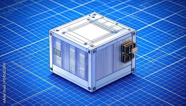 Fototapeta Isometric Vector Rendering of DC-DC Converter Block on Blue Blueprint Grid with Technical Details