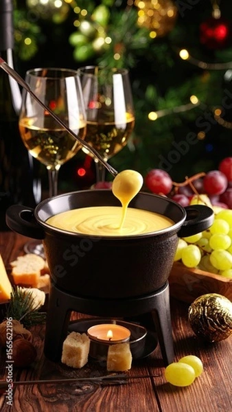Fototapeta Melted Fondue Cheese Swirls in a Black Pot with Candlelight and Wine Glasses on Wooden Tabletop