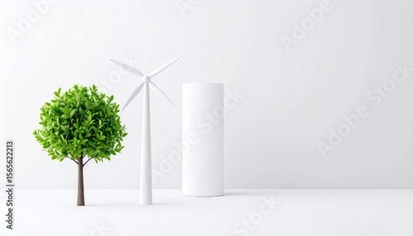 Fototapeta Minimalist Composition Featuring Wind Turbine and Lush Tree Against White Background