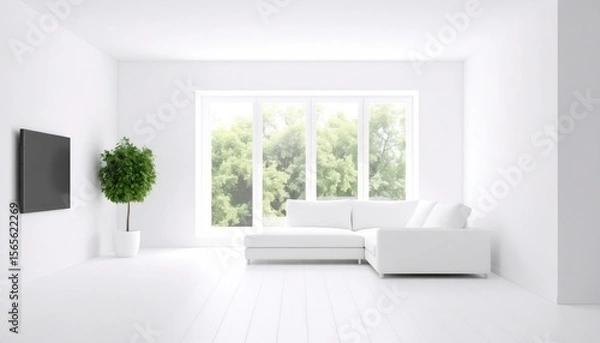 Fototapeta Minimalist White Living Room With Large Window And Green Tree in Pot Featuring White Sofa and Modern Television