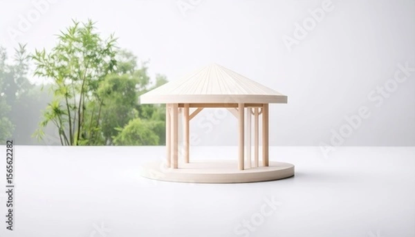 Fototapeta Minimalist Wooden Pavilion Structure with Bamboo Framing in a Botanical Garden Setting against White Backdrop