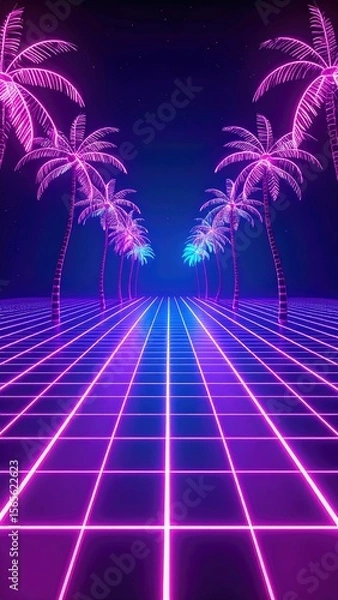 Fototapeta Neon Synthwave Tunnel with Glowing Palm Tree Icons Against Dark Blue Backdrop